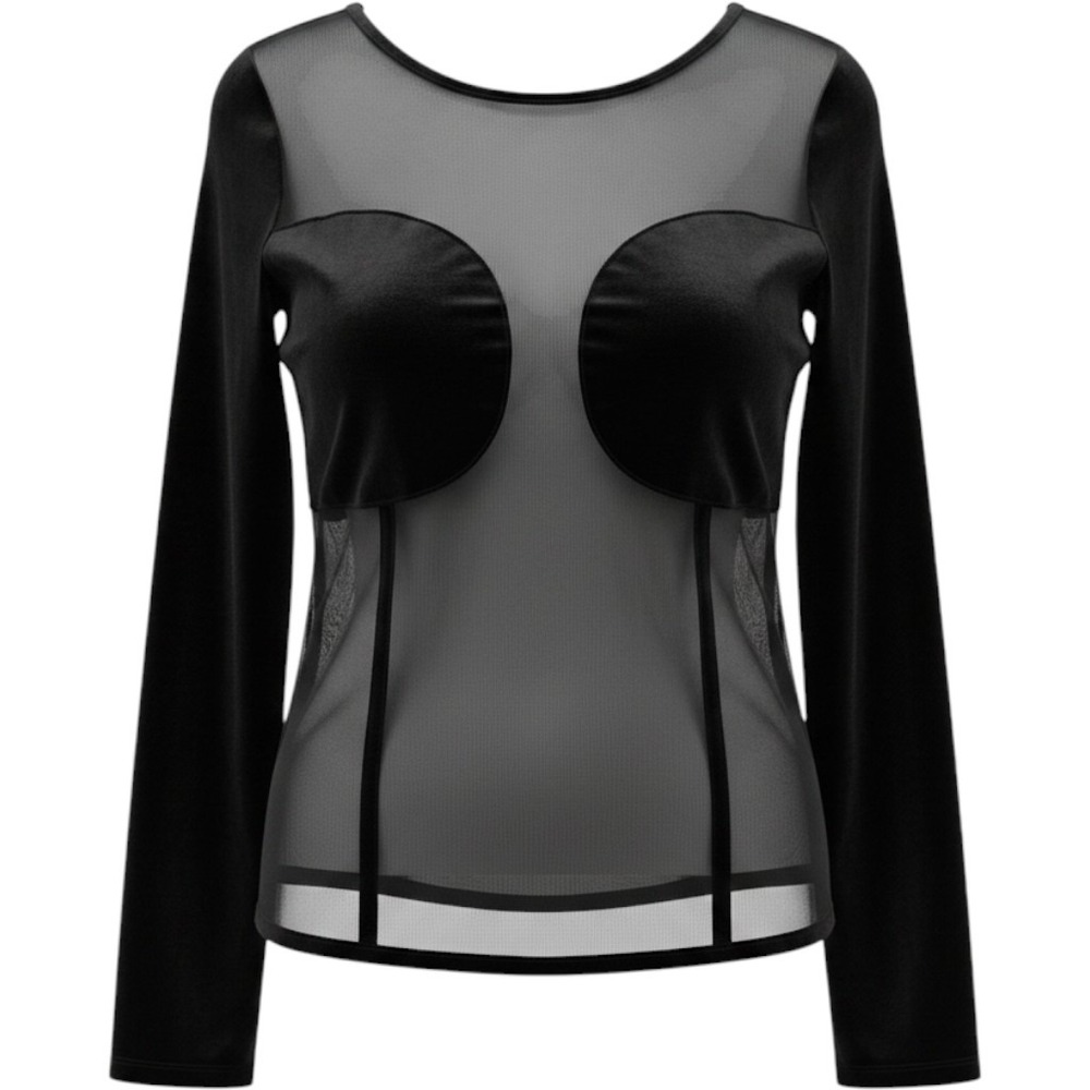 Jolie & Joy Black Velvet Mesh Mixed Media Long Sleeve Top 2X J4K9055C